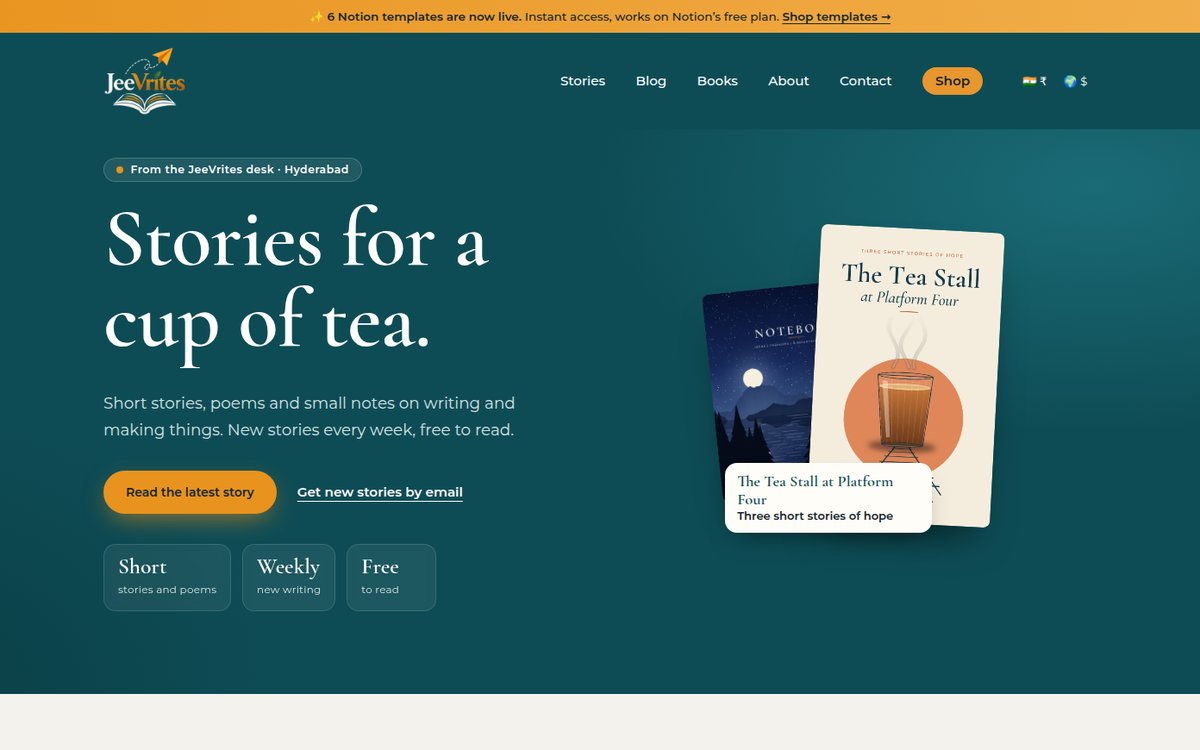 jeevrites.com: stories, a shop and UPI checkout